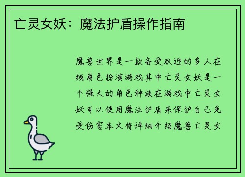 亡灵女妖：魔法护盾操作指南